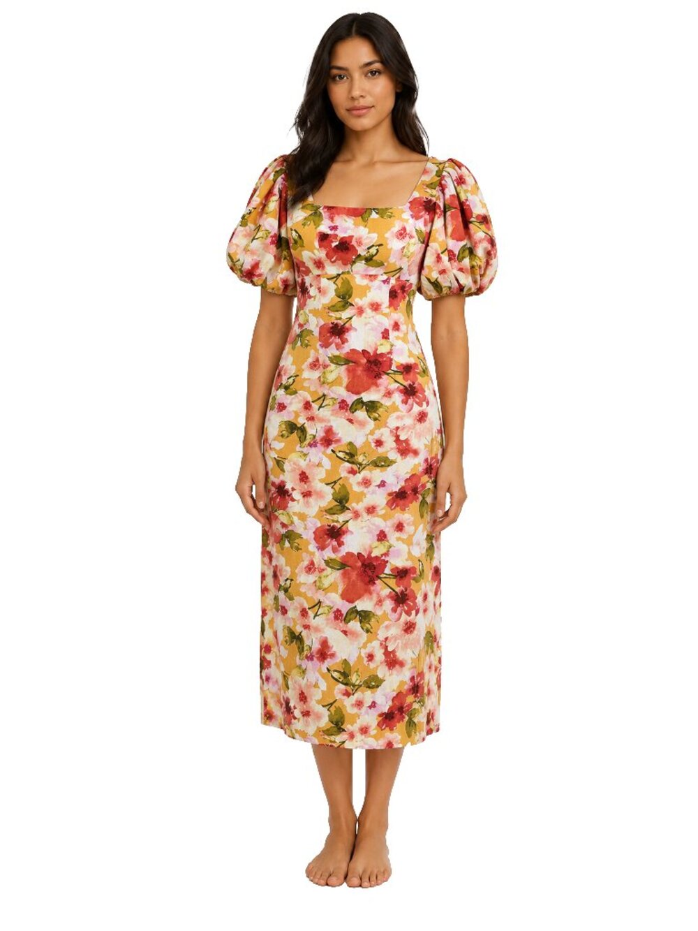 Moon River Floral Linen Blend Puff Sleeve Midi Dress XS Cottagecore